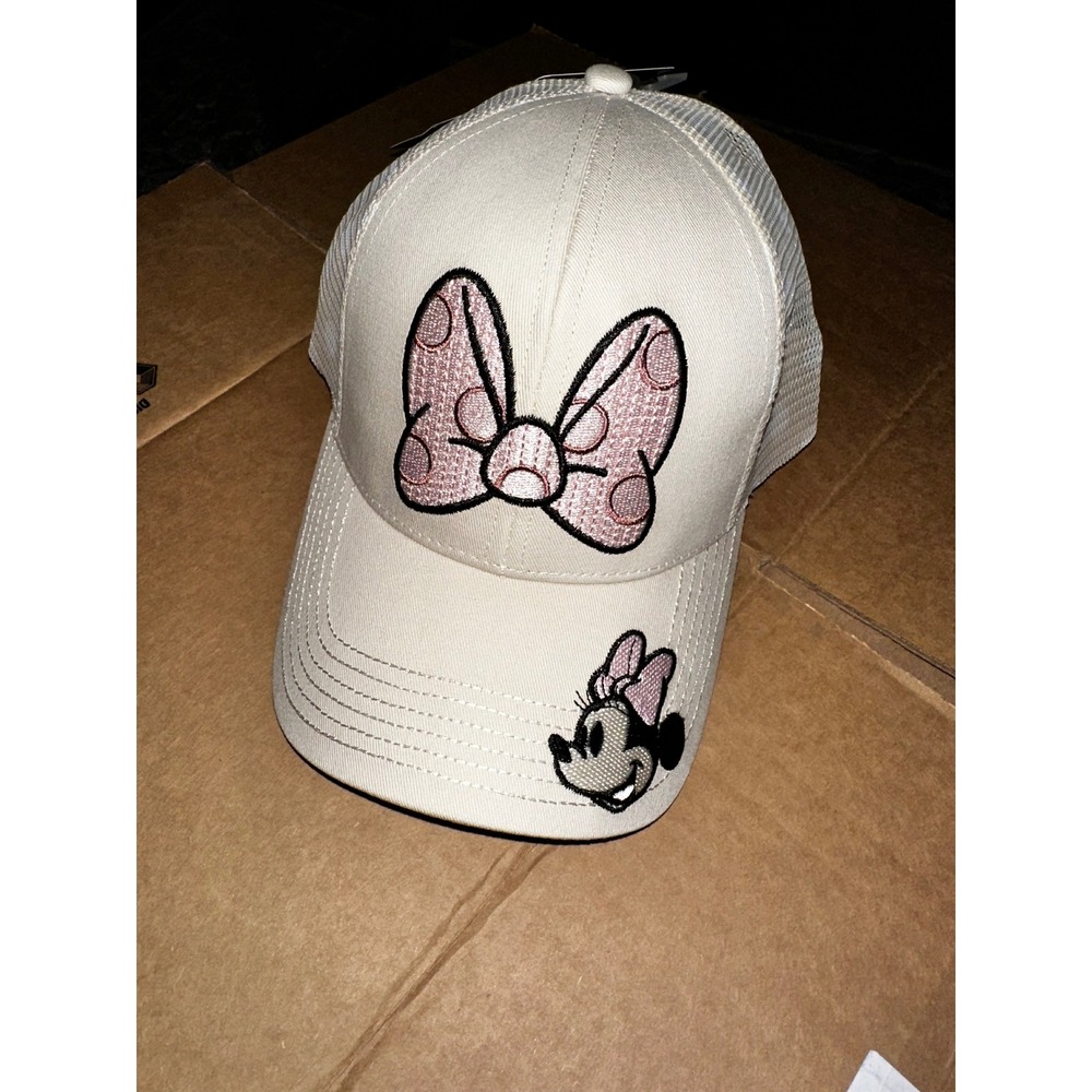 Disney Minnie Mouse Trucker Hat Cream Pink Glitter Bow Snapback Cap NWT